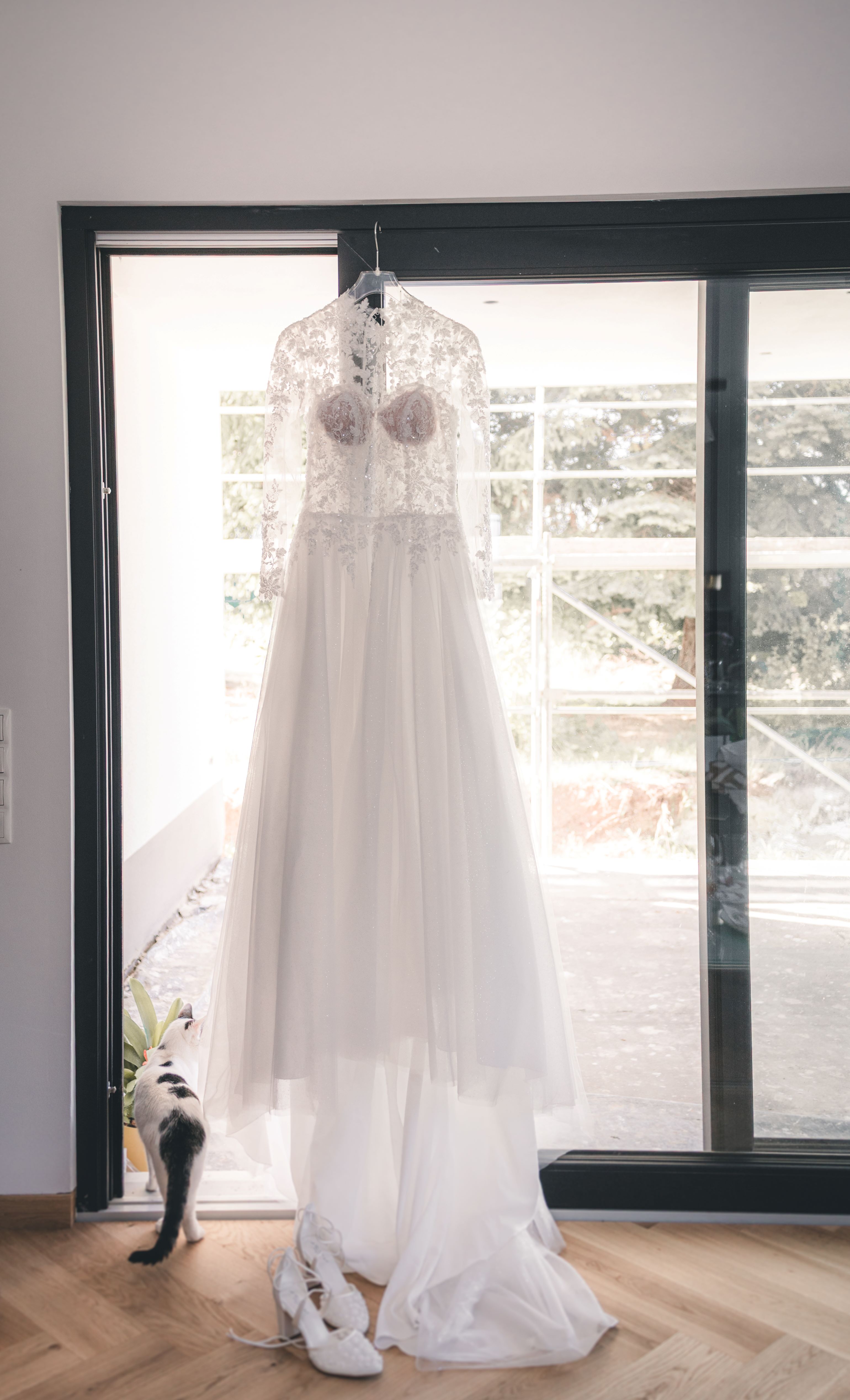 Ein wunderschönes Hochzeitskleid mit feiner Spitze und langer Schleppe hängt an einer großen Glasschiebetür, während eine kleine Katze davor sitzt.