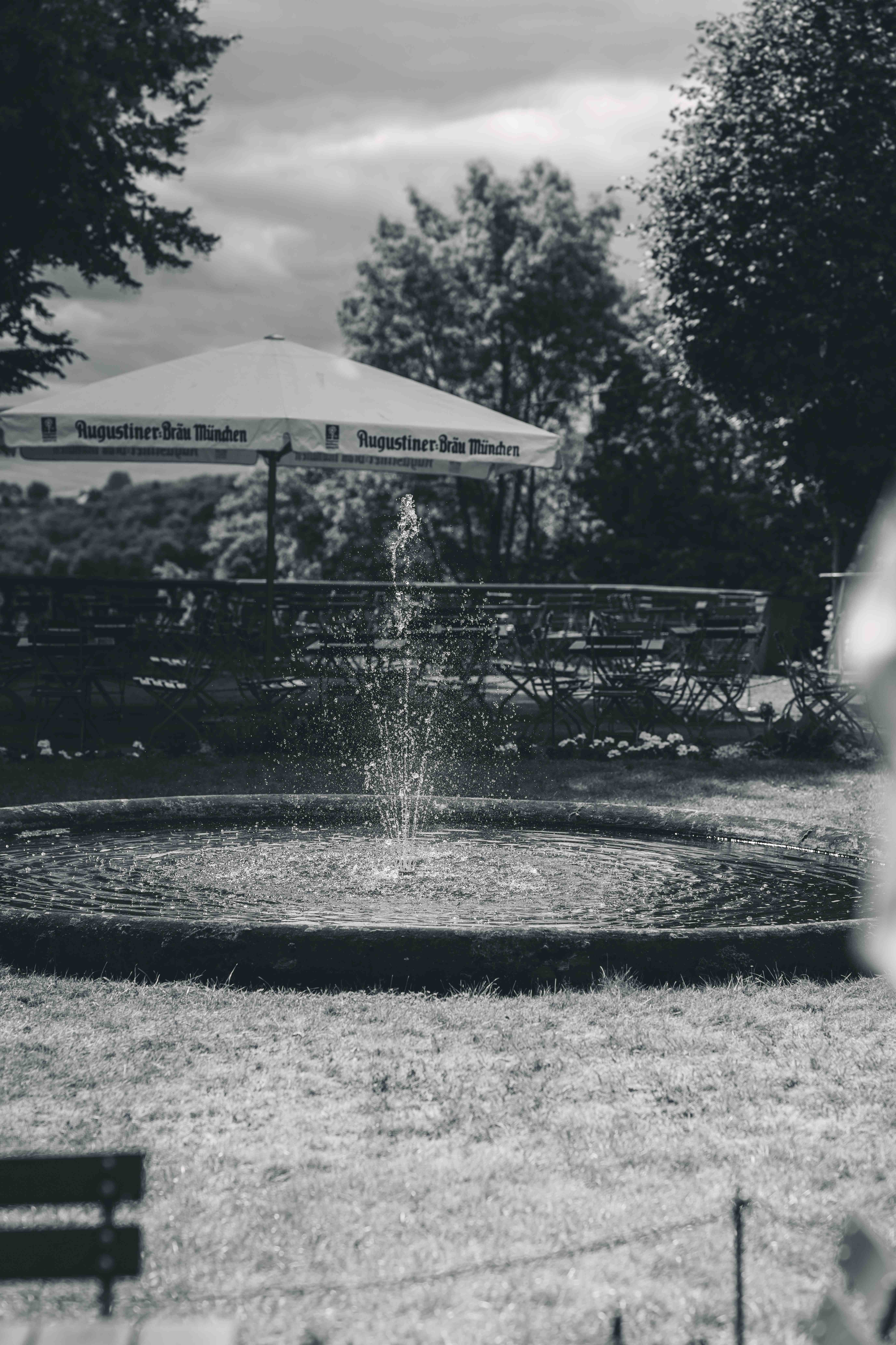 Eine stimmungsvolle Schwarz-Weiß-Aufnahme eines plätschernden Springbrunnens im Garten des Schlossgasthauses Lichtenwalde nahe Chemnitz.