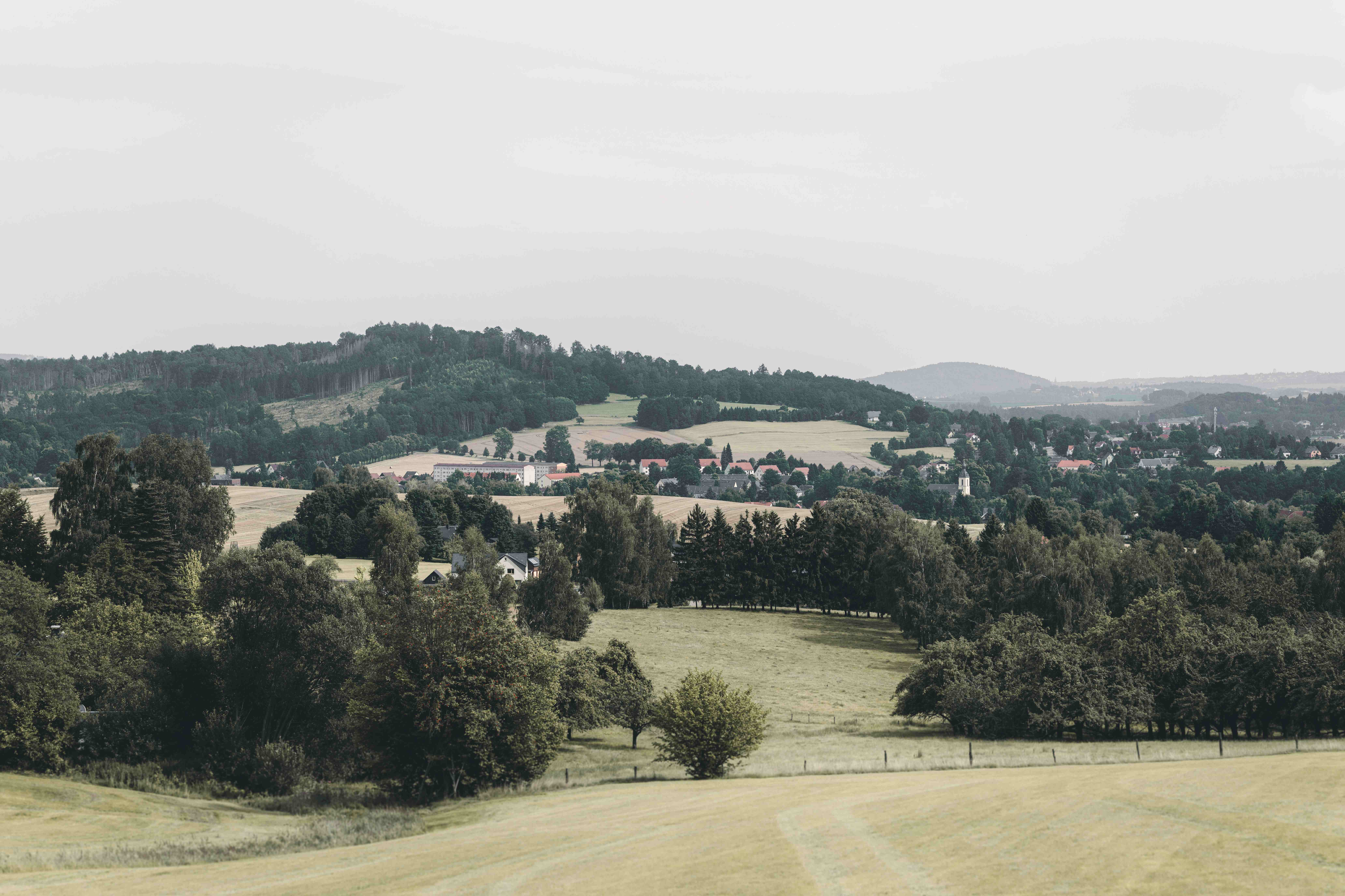 Ein weiter, malerischer Ausblick über die grünen Felder, Wälder und sanften Hügel rund um die Hochzeitslocation in Oppach.