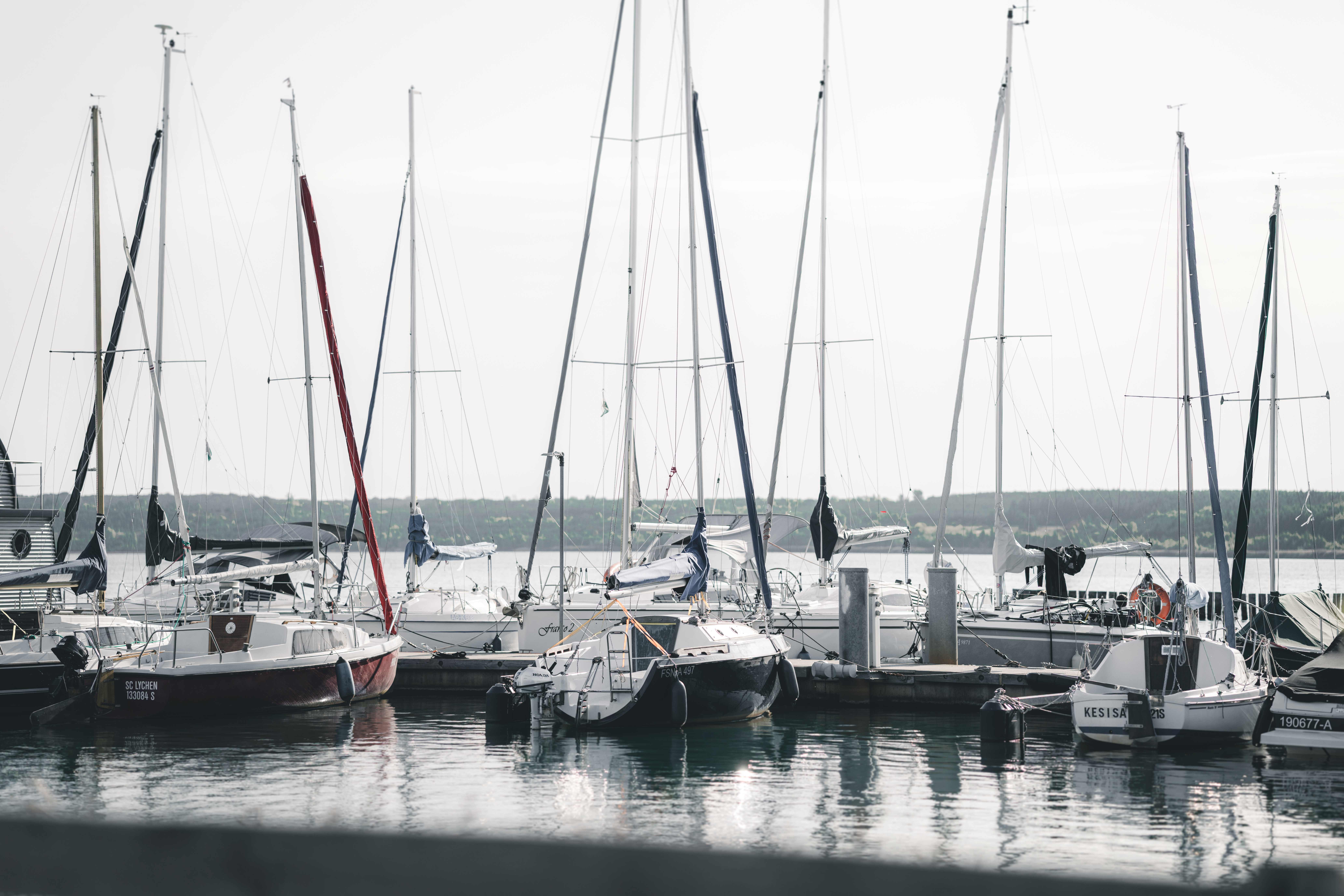 Zahlreiche weiße Segelboote liegen friedlich im Hafen am Störmthaler See bei Leipzig vor der Kulisse der Hochzeitslocation.